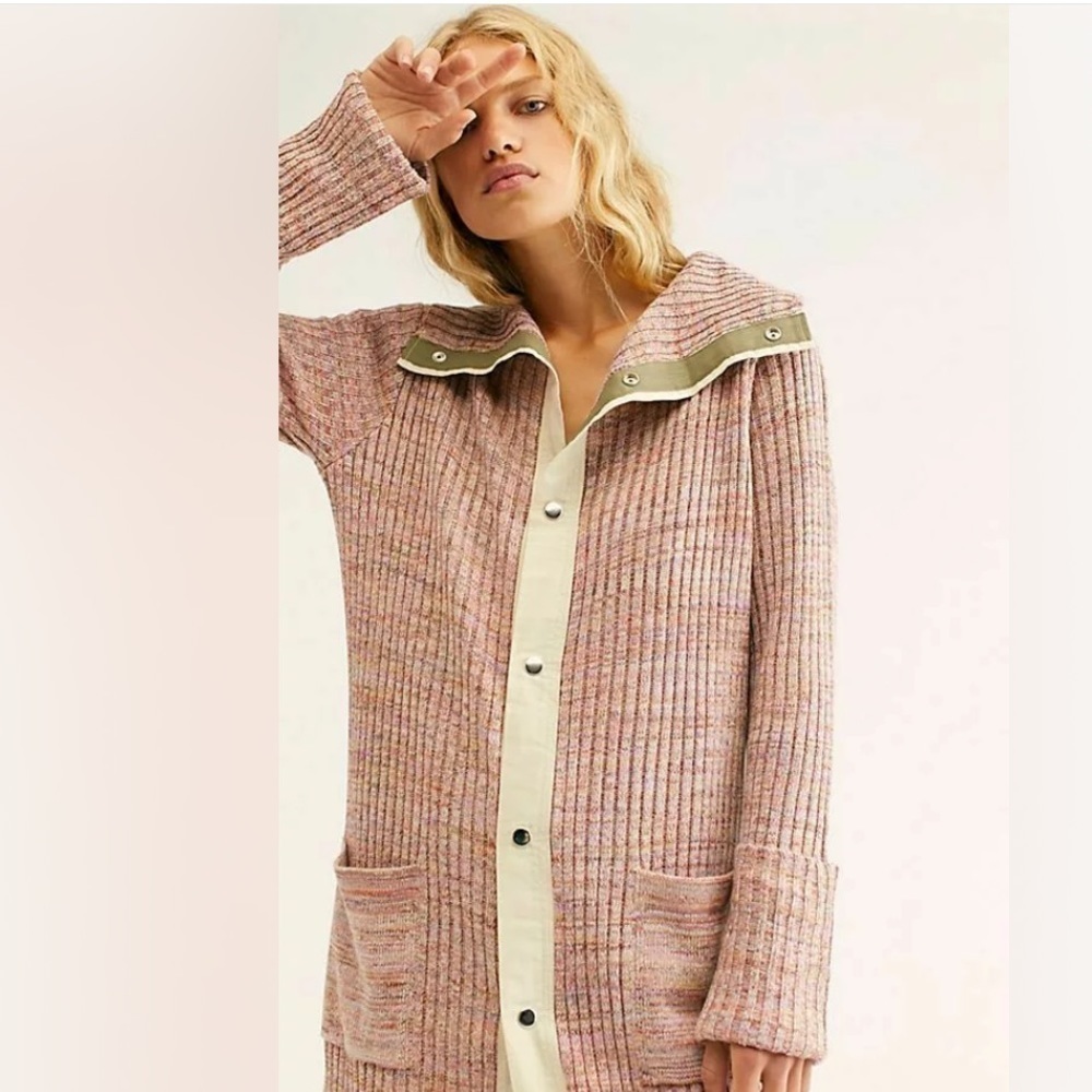 Free People Size L Under The Boardwalk Maxi Cardigan Sweater Ribbed knit - Picture 2 of 10